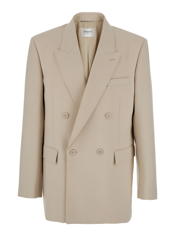 Saint Laurent Men Beige Double-Breasted Jacket With Peak Revers In Wool Man