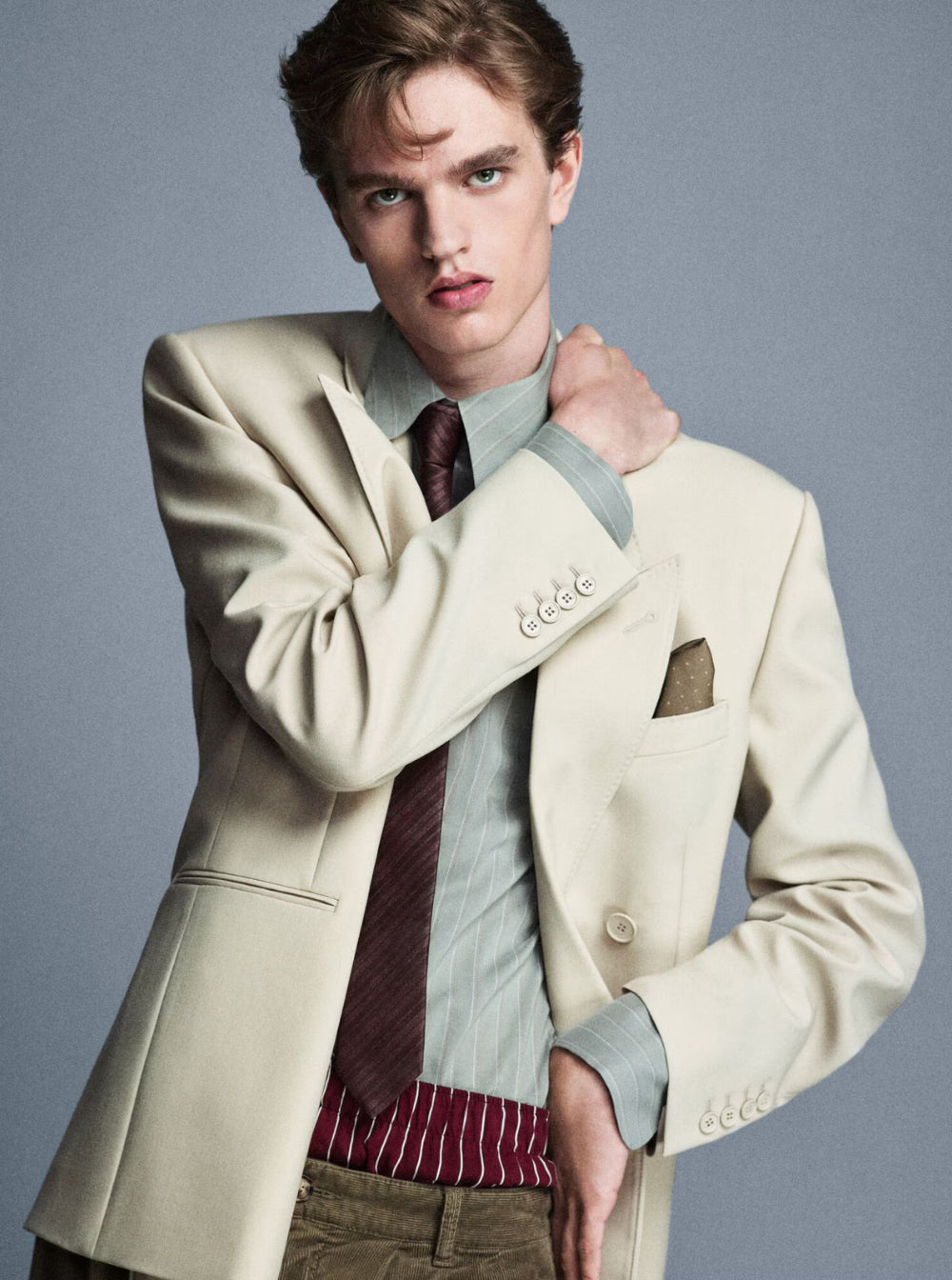 Saint Laurent Men Beige Double-Breasted Jacket With Peak Revers In Wool Man