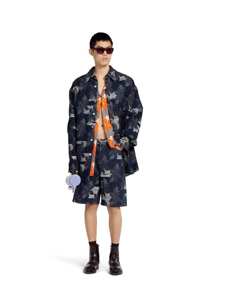 Gucci Men Blue Bermuda Shorts With All-Over Floral Embroidery And Logo Patch On The Back In Denim Man