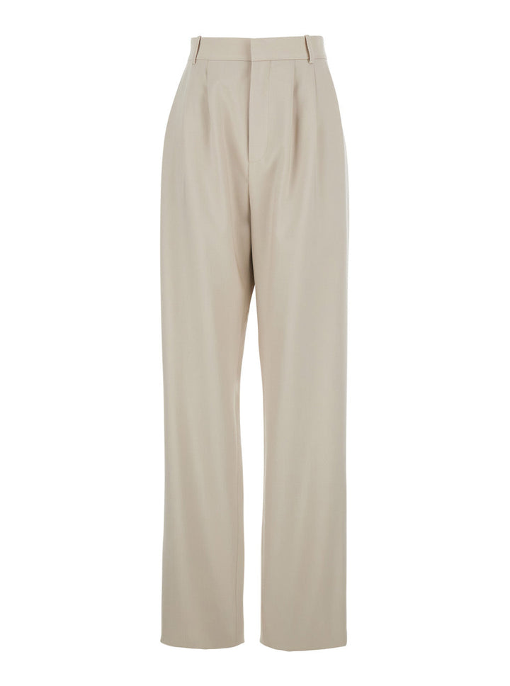 Saint Laurent Women Beige Pants With Belt Loops And Pences On The Front In Wool Woman