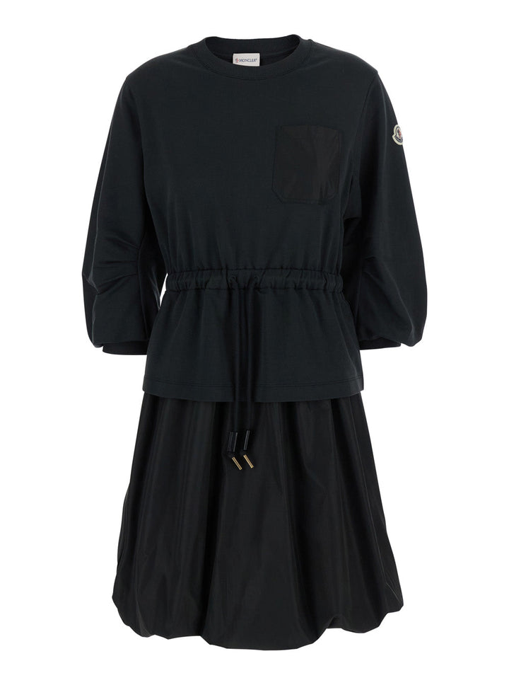 Moncler Women Black Dress With Elastic Waist And Logo Patch On The Sleeve In Tech Fabric Woman