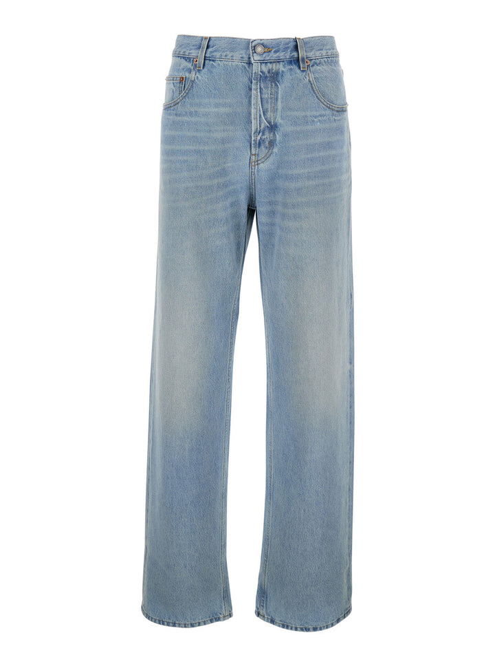 Saint Laurent Men Light Blue Five Pocket Jeans With Logo Patch On The Back In Denim Man