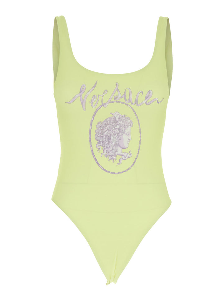 Versace Women Yellow One-Piece Swimsuit With Medusa Print And Logo Lettering On The Front In Tech Fabric Woman
