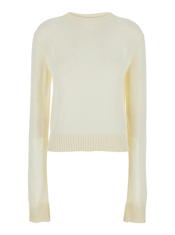 Jil Sander Women White Cropped Crewneck Sweater With Tonal Logo Embroidery In Cotton Woman