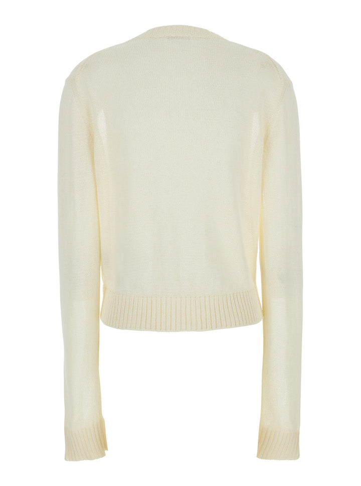 Jil Sander Women White Cropped Crewneck Sweater With Tonal Logo Embroidery In Cotton Woman