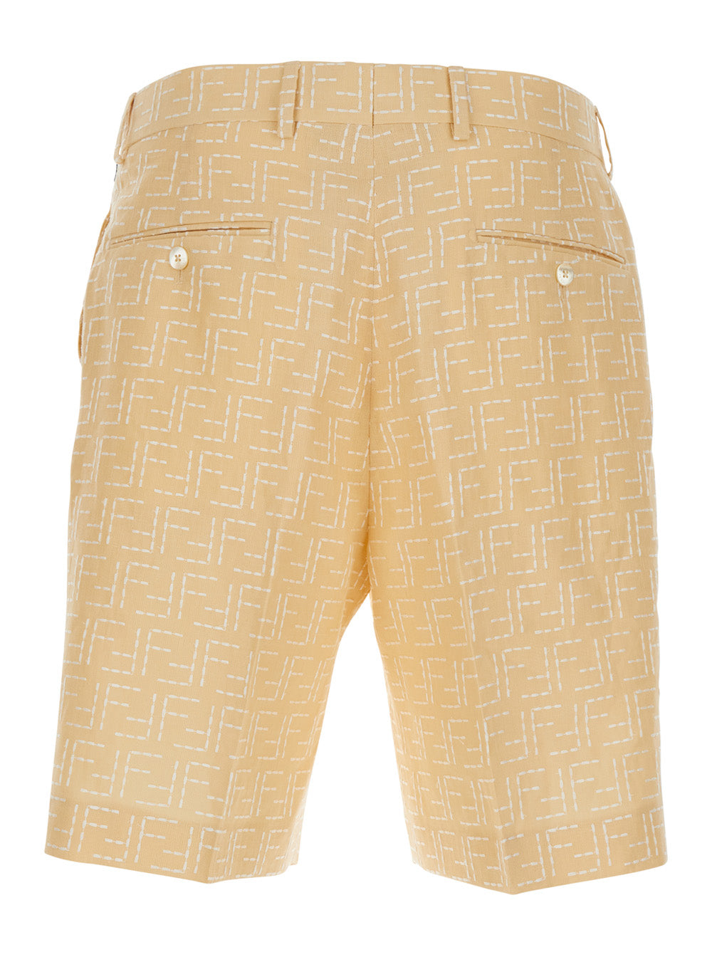 Fendi Men Yellow Pants With Belt Loops And All-Over Ff Motif In Linen Blend Man