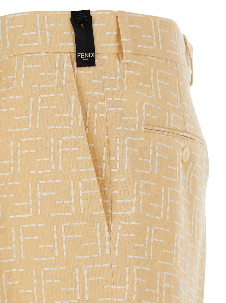 Fendi Men Yellow Pants With Belt Loops And All-Over Ff Motif In Linen Blend Man