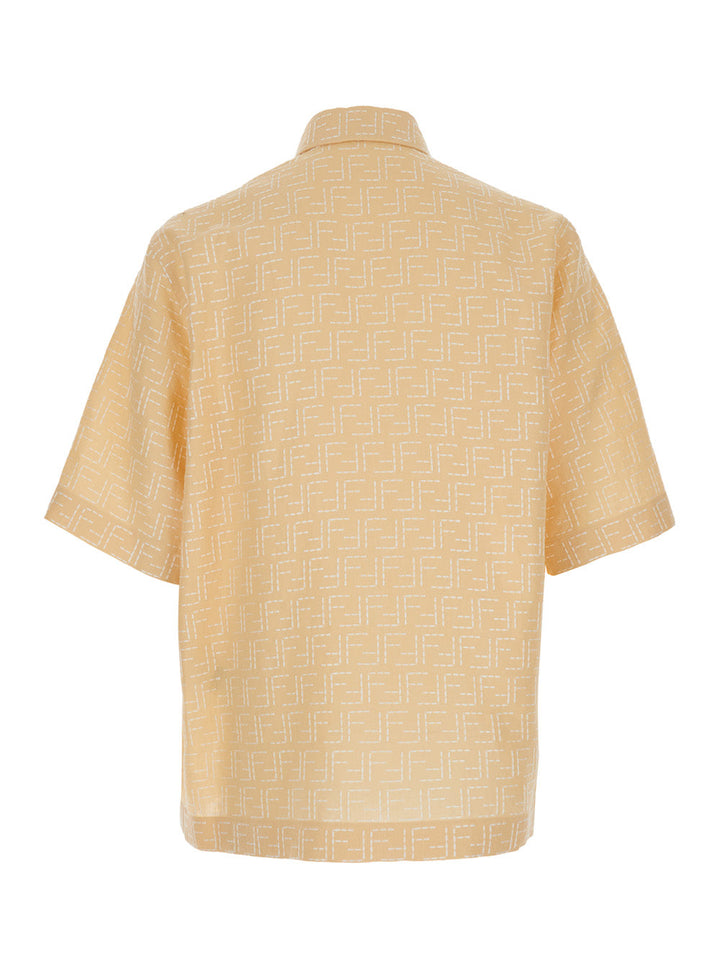 Fendi Men Yellow Shirt With Wide Short Sleeves And All-Over Ff Motif In Linen Blend Man