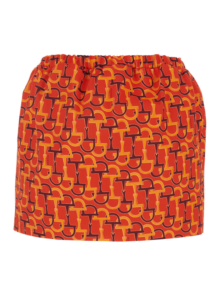 Gucci Women Orange Skirt With Elastic Waist And All-Over Horsebit Print In Cotton Woman