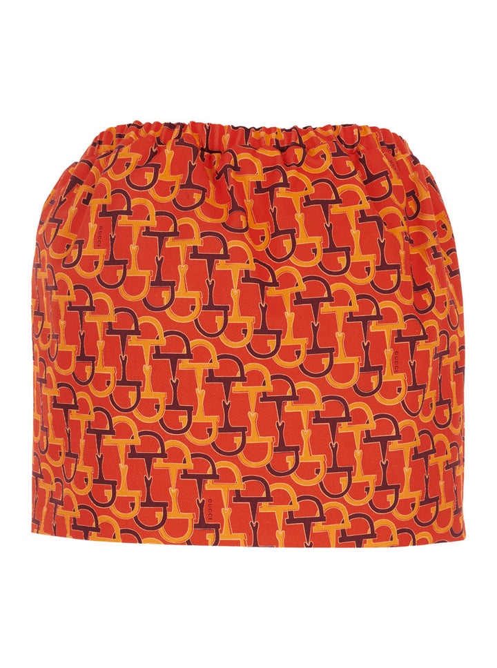 Gucci Women Orange Skirt With Elastic Waist And All-Over Horsebit Print In Cotton Woman