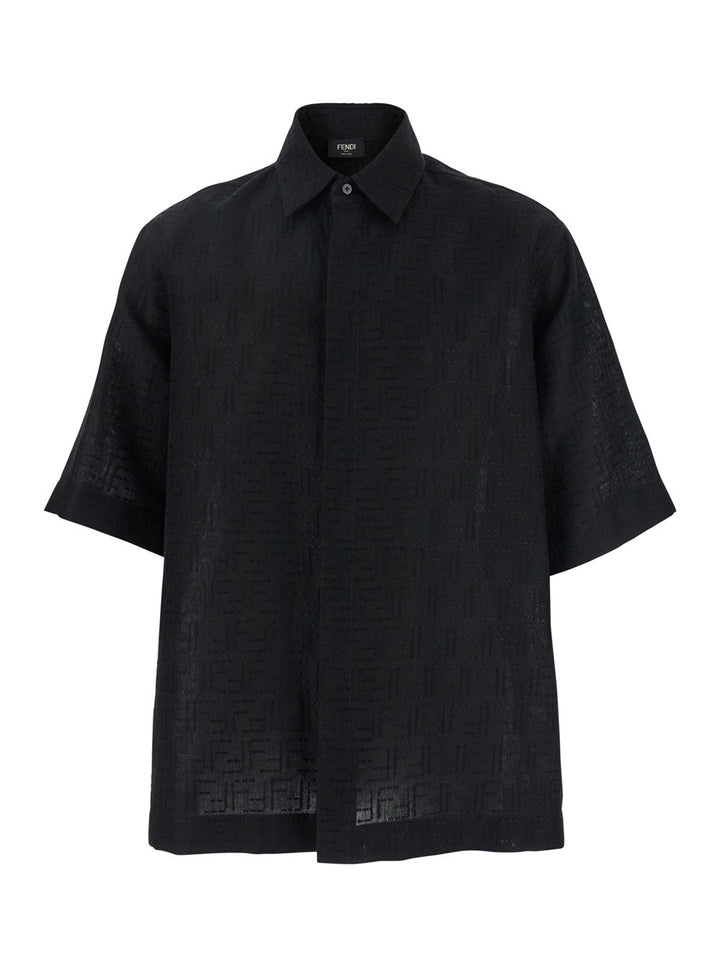 Fendi Men Black Oversize Shirt With Short Wide Sleeves And All-Over Ff Embroidery In Linen Blend Man