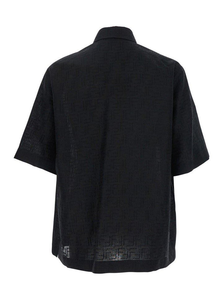 Fendi Men Black Oversize Shirt With Short Wide Sleeves And All-Over Ff Embroidery In Linen Blend Man