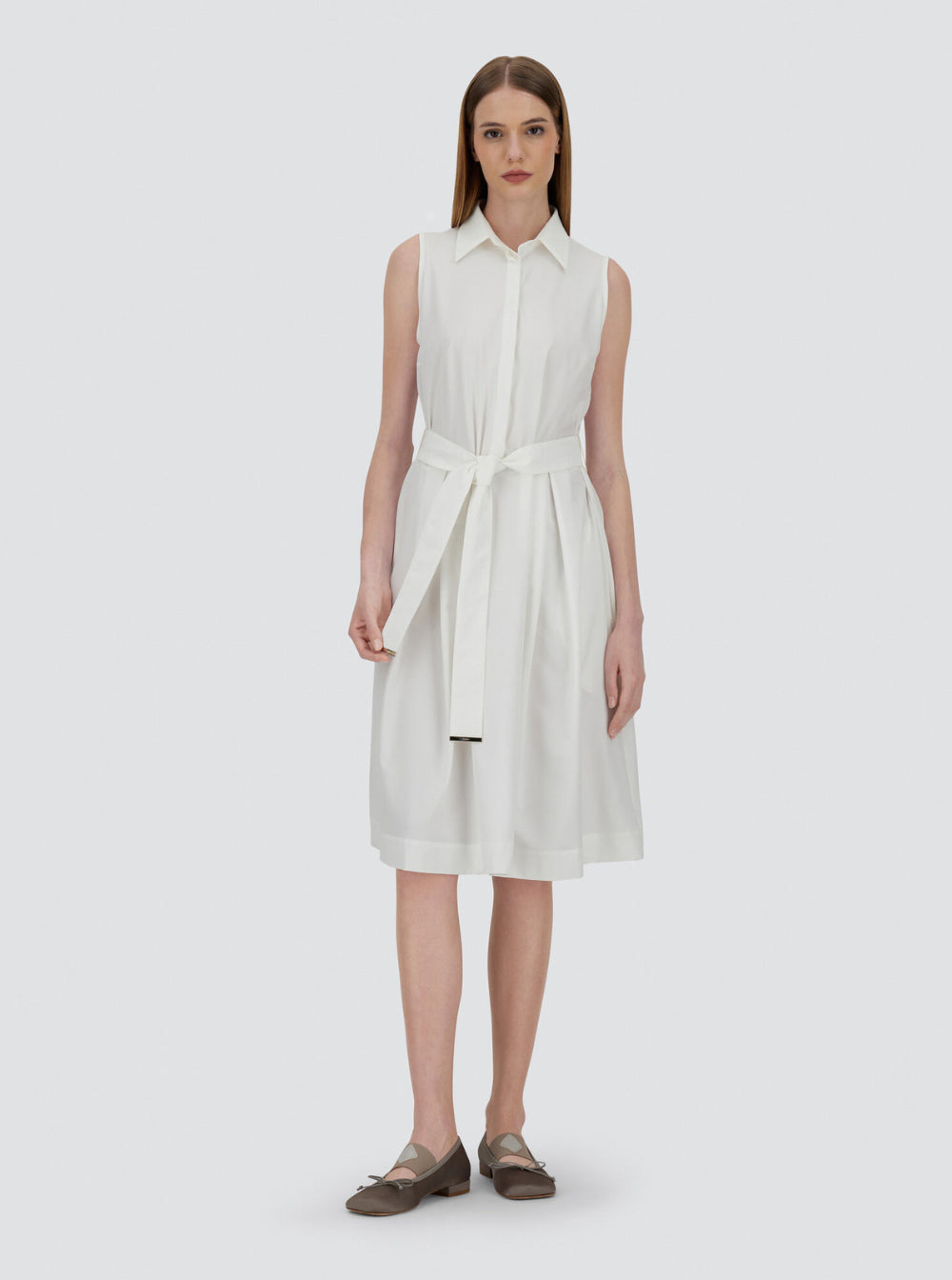 Herno Women White Sleeveless Dress With Classic Collar And Adjustable Belt In Tech Fabric Stretch Woman