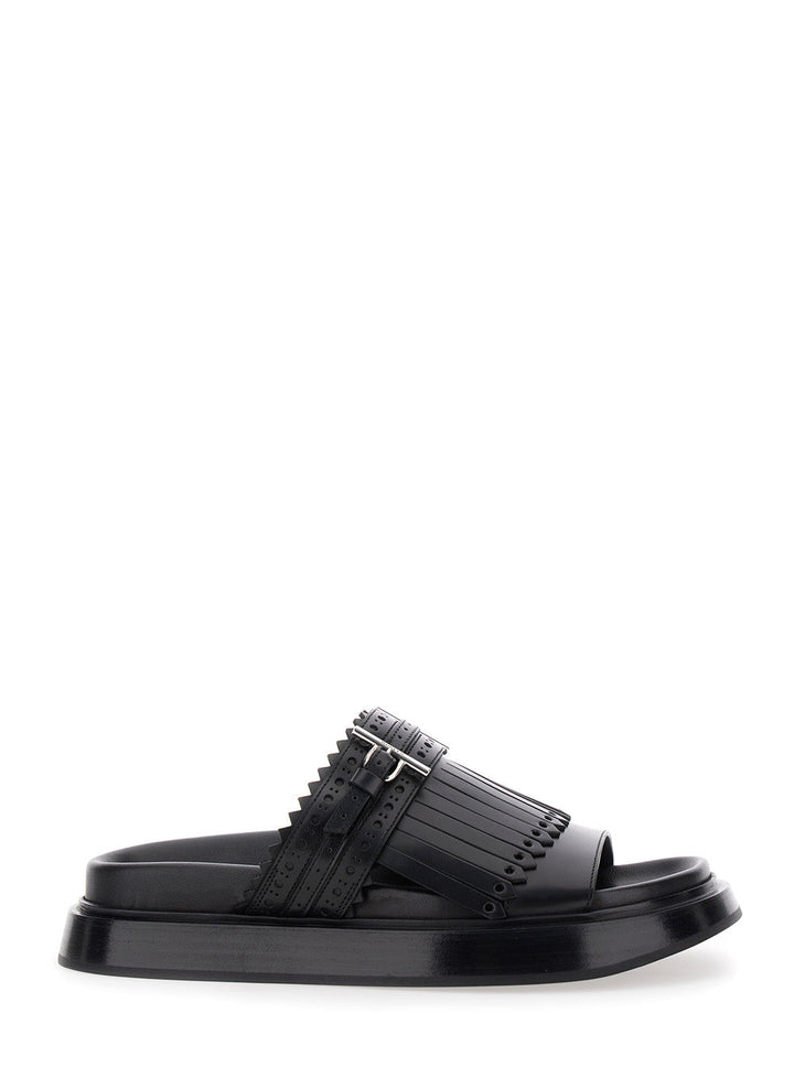 Alexander Mcqueen Women Black Sandals With Brogue T-Buckle Decorative Strap In Leather Woman