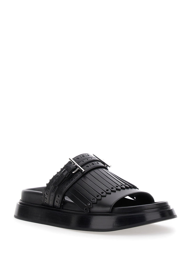 Alexander Mcqueen Women Black Sandals With Brogue T-Buckle Decorative Strap In Leather Woman