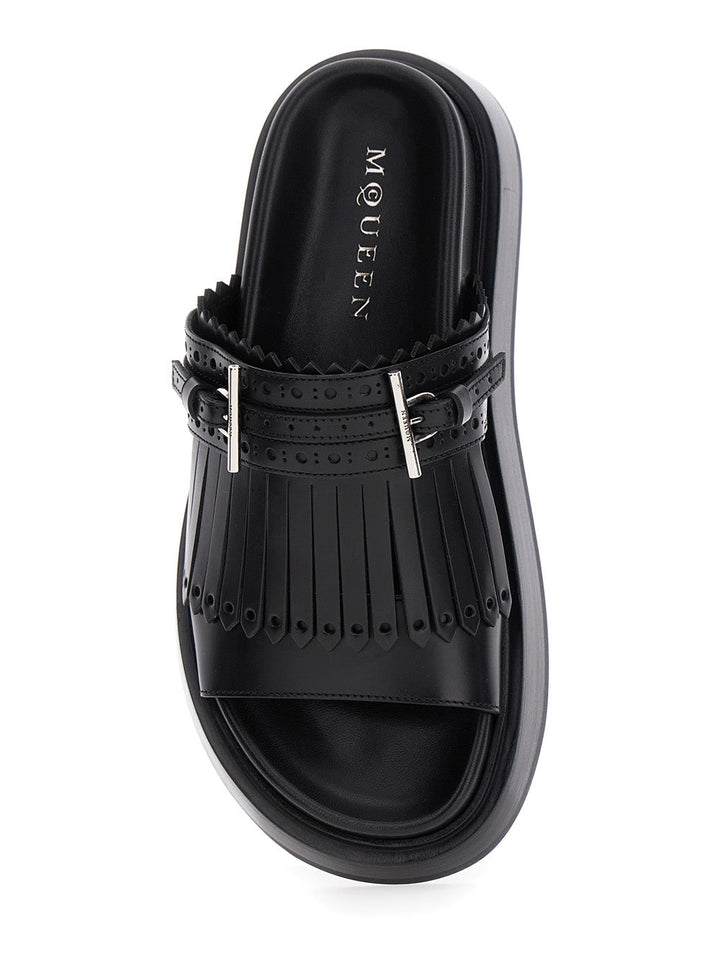 Alexander Mcqueen Women Black Sandals With Brogue T-Buckle Decorative Strap In Leather Woman
