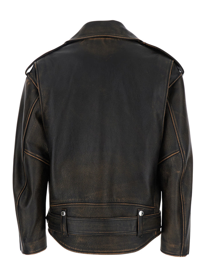 Alexander Mcqueen Women Antiqued Brown Biker Jacket With Wide Classic Lapels And Decentralized Zip Closure In Leather Woman