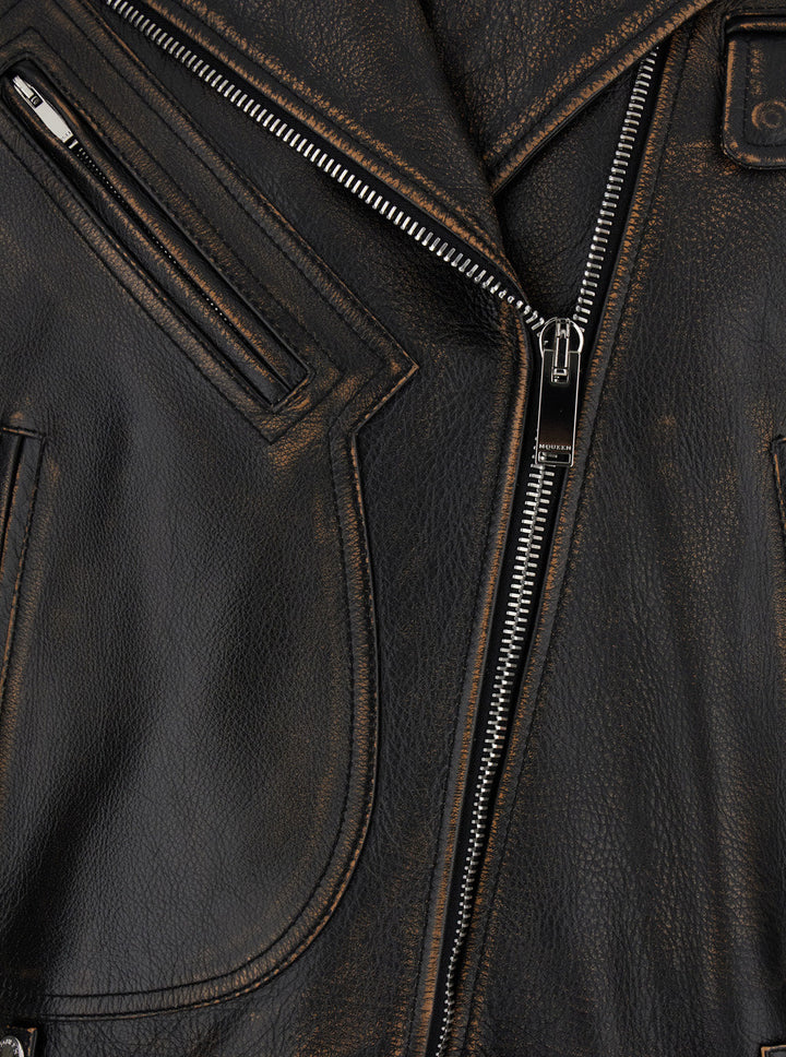 Alexander Mcqueen Women Antiqued Brown Biker Jacket With Wide Classic Lapels And Decentralized Zip Closure In Leather Woman