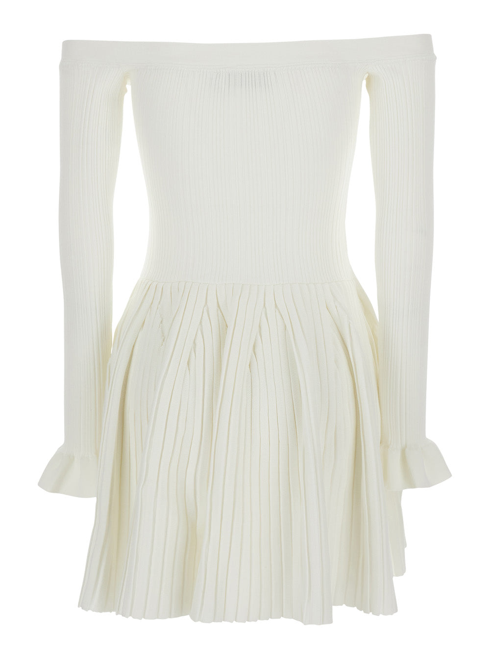 Self-Portrait Women White Off-Shoulder  Mini Dress With All-Over Striped Motif In Viscose Blend Stretch Woman