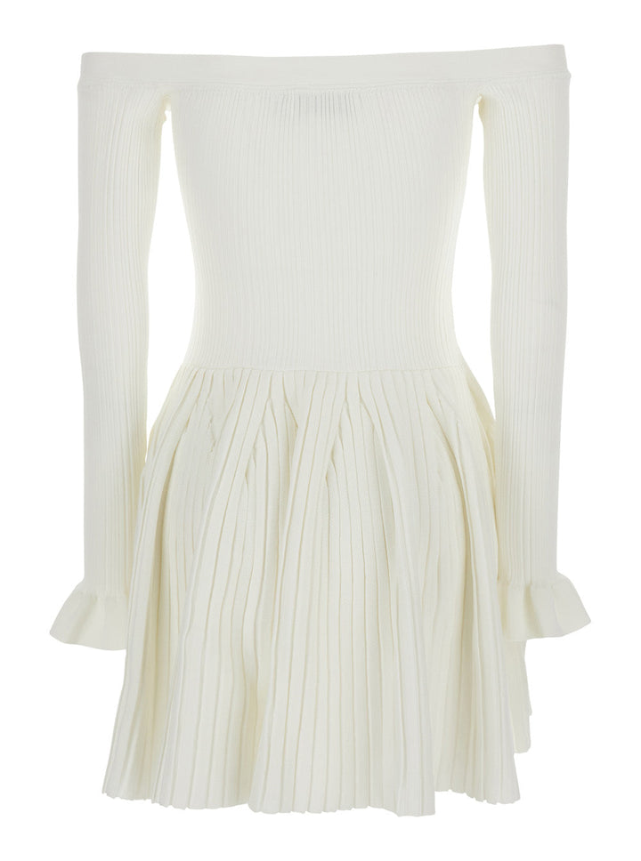 Self-Portrait Women White Off-Shoulder  Mini Dress With All-Over Striped Motif In Viscose Blend Stretch Woman