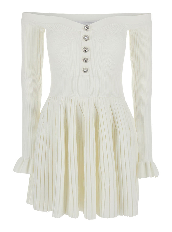 Self-Portrait Women White Off-Shoulder  Mini Dress With All-Over Striped Motif In Viscose Blend Stretch Woman