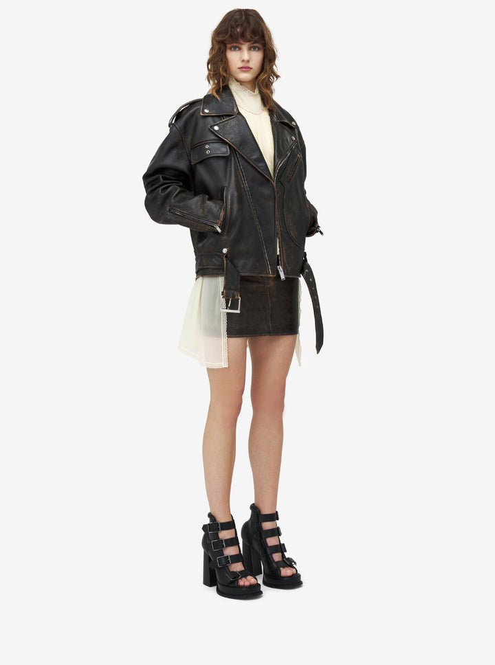 Alexander Mcqueen Women Antiqued Brown Biker Jacket With Wide Classic Lapels And Decentralized Zip Closure In Leather Woman