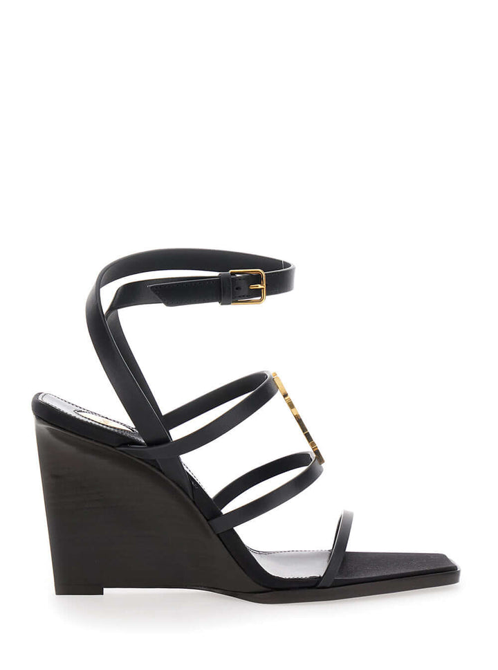 Saint Laurent Women Black Wedges With Metallic Cassandre Detail And Adjustable Leather Strap In Leather Women