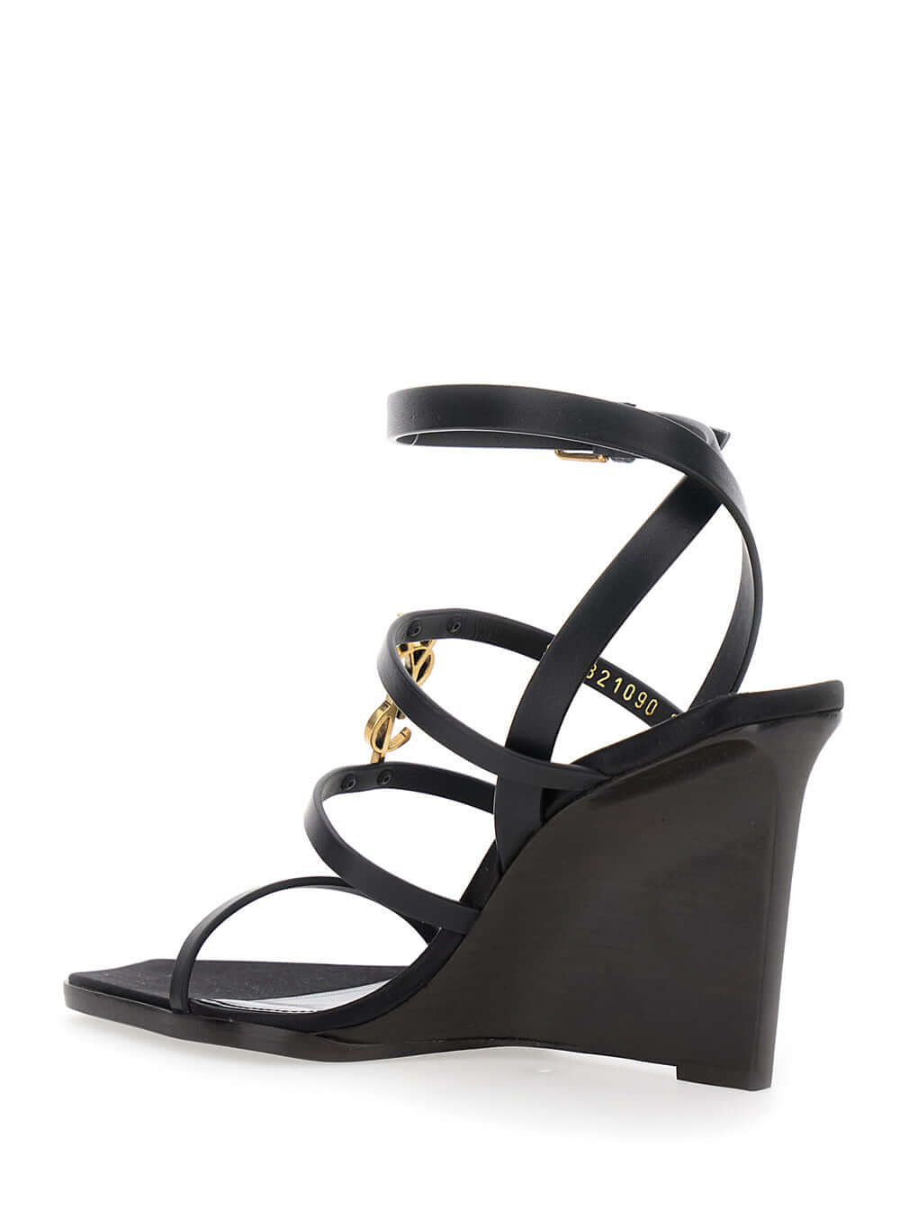 Saint Laurent Women Black Wedges With Metallic Cassandre Detail And Adjustable Leather Strap In Leather Women