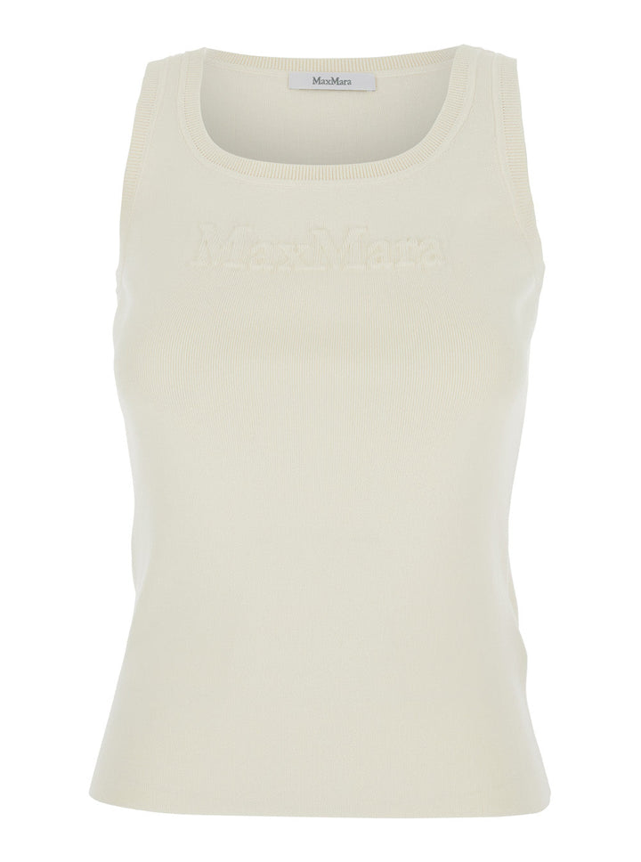 Max Mara Women 'Pentola' White Sleeveless Top With Square Neck And Tonal Logo Lettering Embroidery On The Front In Viscose Blend Woman
