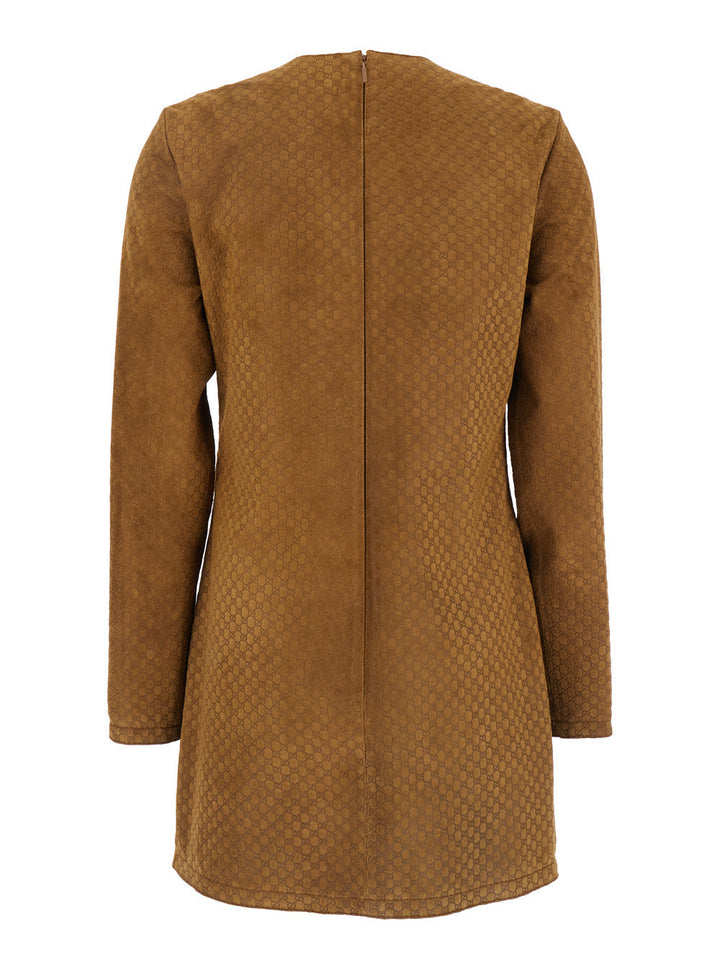 Gucci Women Brown Dress With Front Horsebit Details And All-Over Gg Motif In Suede Woman