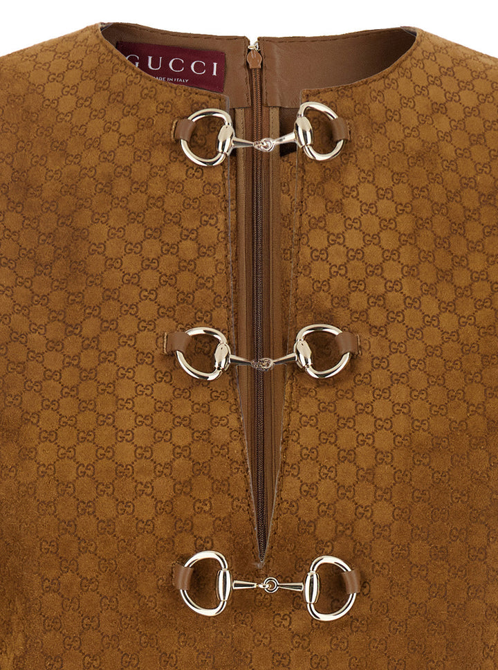 Gucci Women Brown Dress With Front Horsebit Details And All-Over Gg Motif In Suede Woman