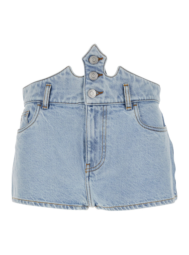 Light blue denim dress with cut-out shoulders on a white background