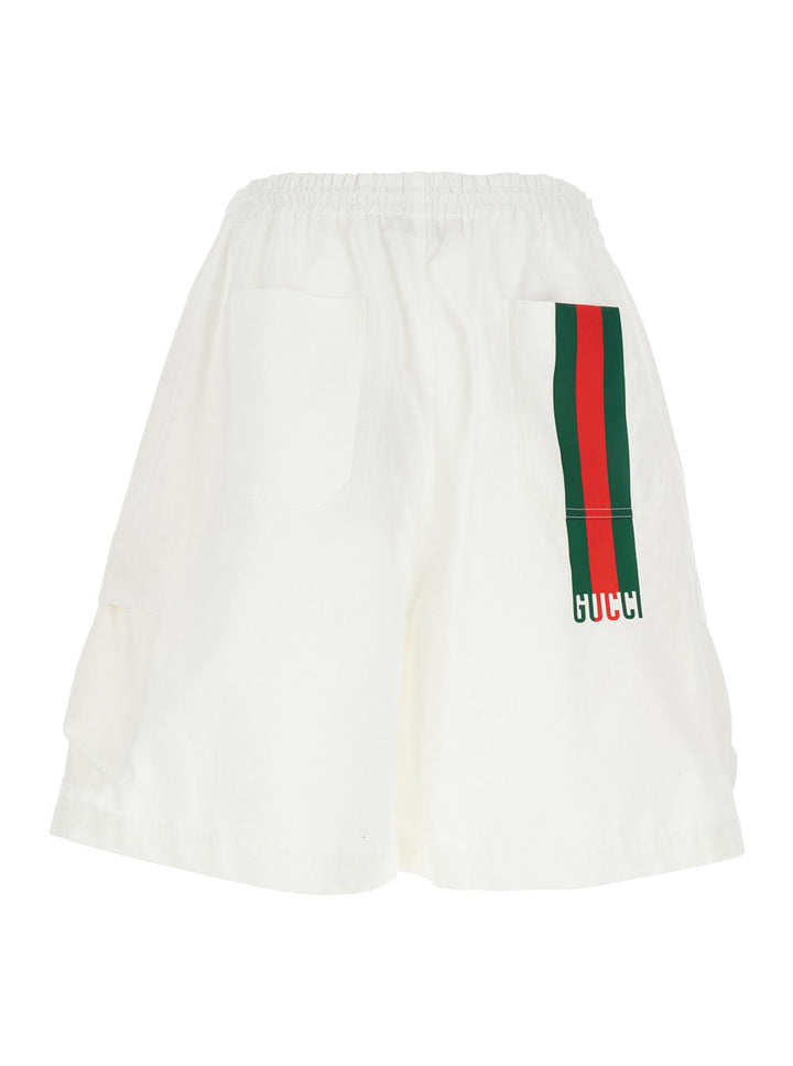 Gucci Men White Bermuda Pants With Elastic Drawstring Waist And Rear Web Print In Cotton Man
