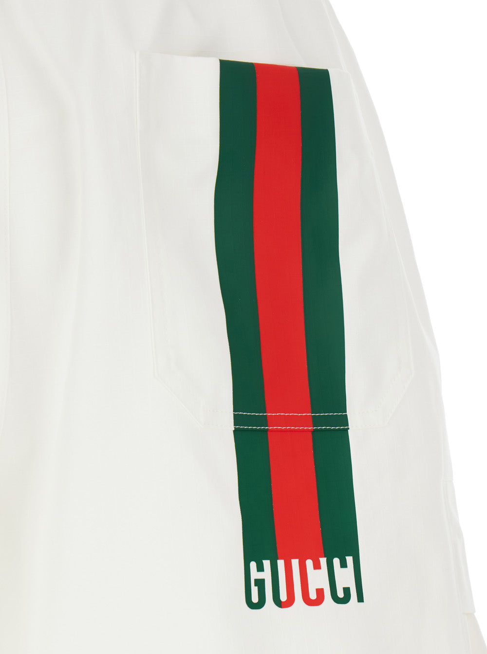 Gucci Men White Bermuda Pants With Elastic Drawstring Waist And Rear Web Print In Cotton Man