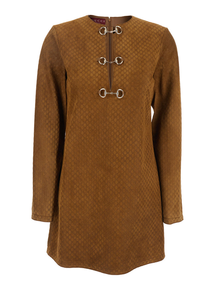 Gucci Women Brown Dress With Front Horsebit Details And All-Over Gg Motif In Suede Woman