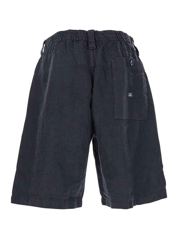 C.P. Company Men Blue Bermuda Pants With Elastic Waist And Logo Patch On The Rear In Linen Man