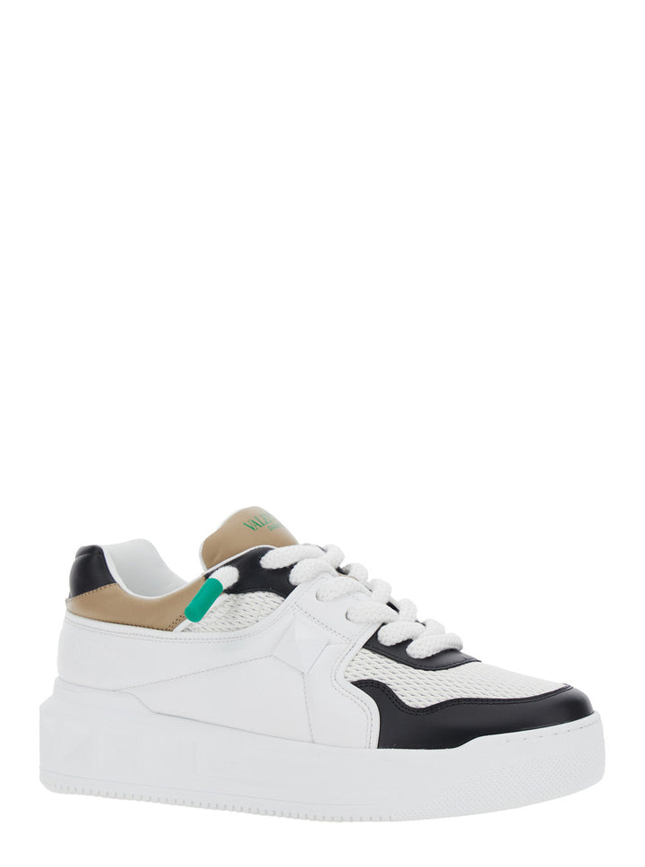 Valentino Garavani Men 'One Stud' White Low Top Sneakers With Rockstud Detail And Color-Block Panels In Leather Man