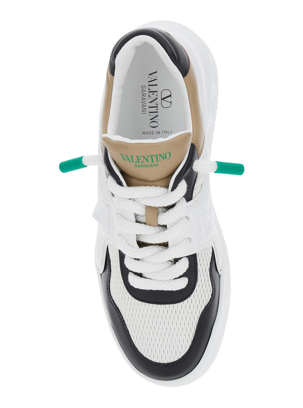 Valentino Garavani Men 'One Stud' White Low Top Sneakers With Rockstud Detail And Color-Block Panels In Leather Man
