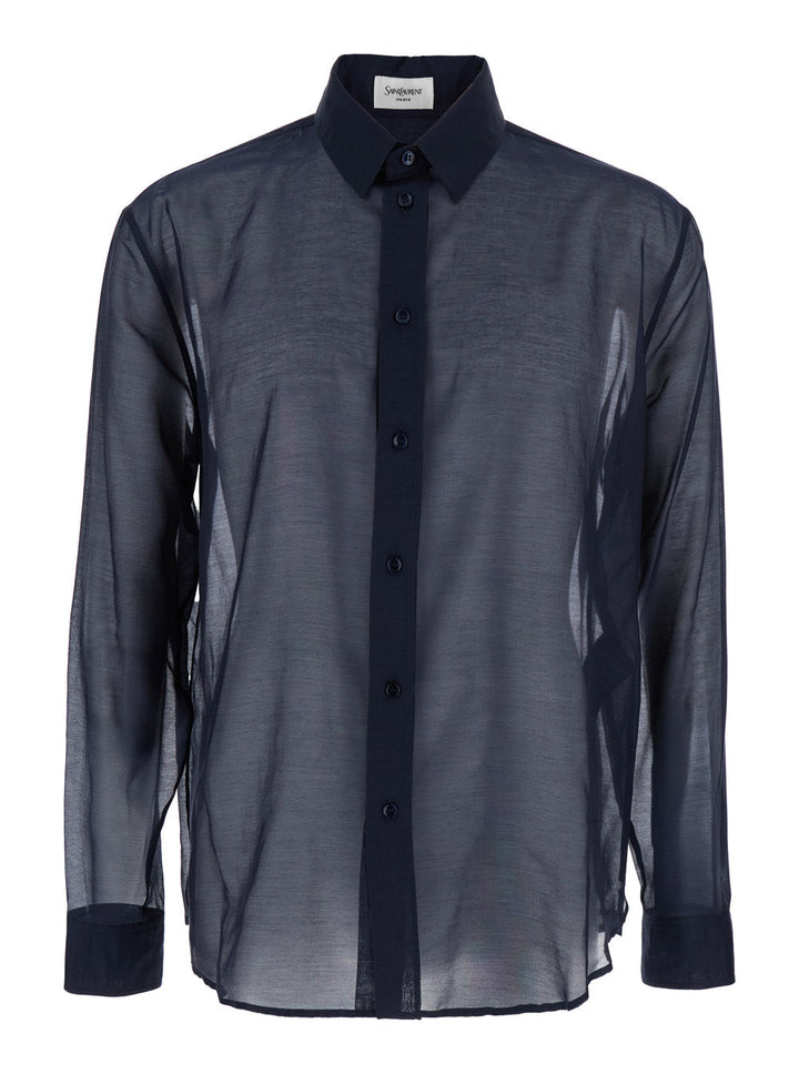 Saint Laurent Men Blue Shirt With Classic Collar And Contrasting Details In Cotton And Silk Man