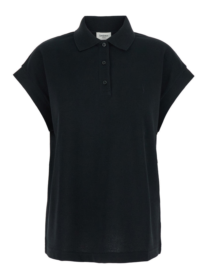 Saint Laurent Women Black Sleeveless Polo Shirt With Classic Collar And Cassandre Embroidery On The Front In Cotton Woman