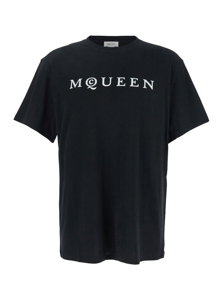 Alexander Mcqueen Men Black Crewneck T-Shirt With Logo Print On The Front In Cotton Man