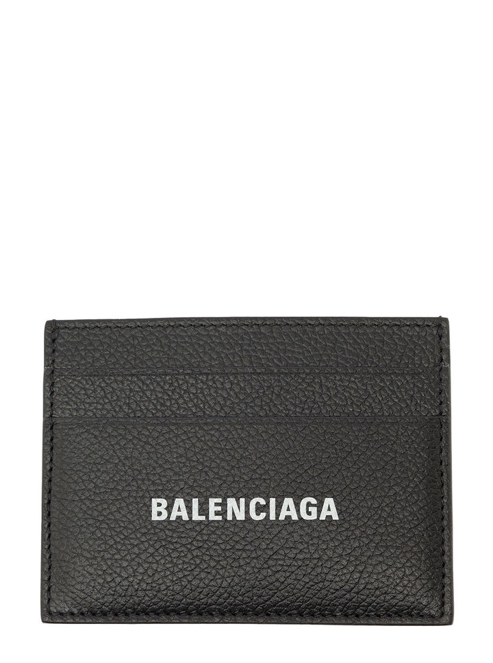 Balenciaga Men Black Card Holder With Logo Lettering On The Front In Grained Leather Man