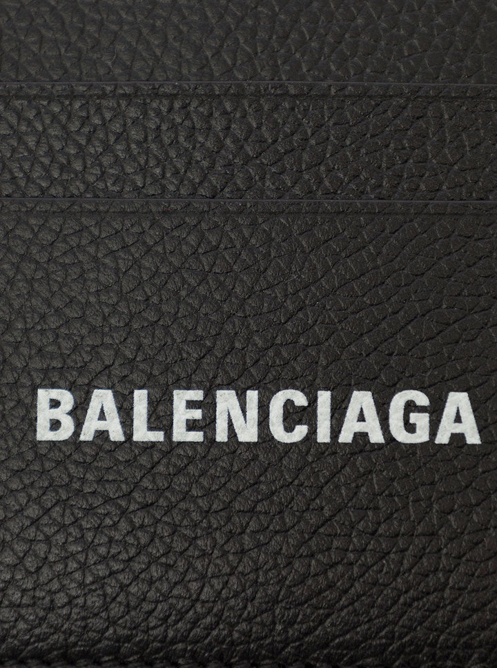 Balenciaga Men Black Card Holder With Logo Lettering On The Front In Grained Leather Man