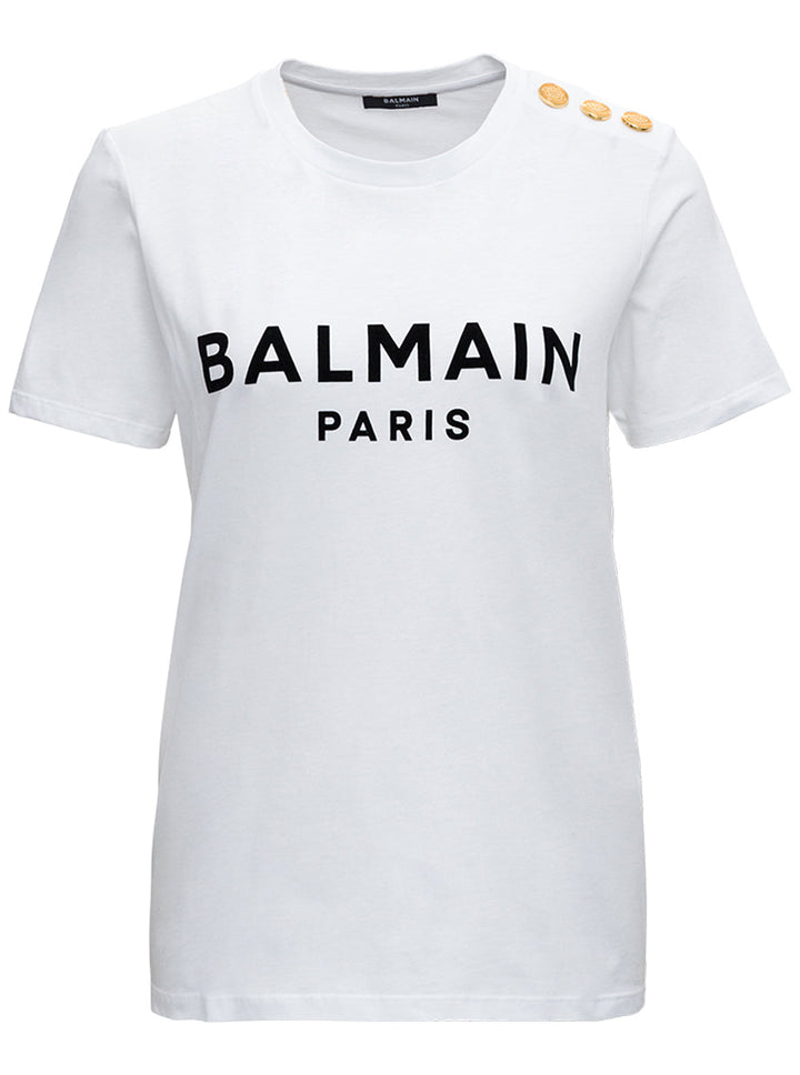 Balmain Women White Crewneck T-Shirt With Logo Print And Golden Buttons In Jersey Woman