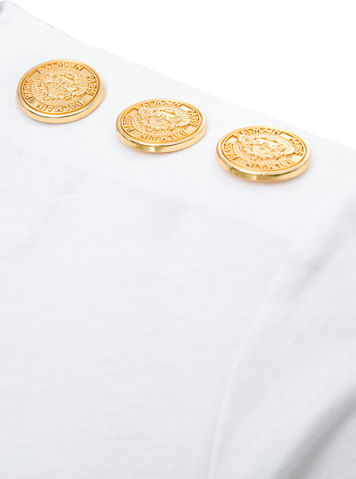 Balmain Women White Crewneck T-Shirt With Logo Print And Golden Buttons In Jersey Woman