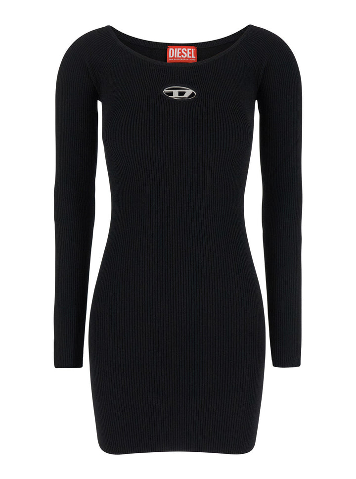Diesel Women Black U Neck Dress With D-Logo In Ribbed Fabric Woman