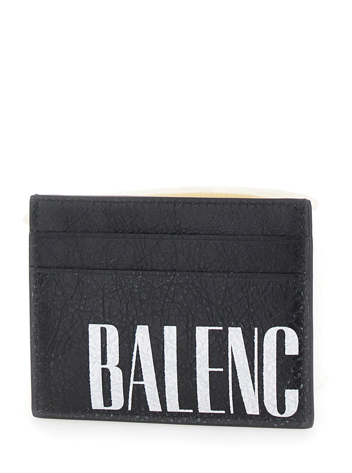 Balenciaga Men 'Editor' Black Card Holder With Four Card Slots And Maxi Logo Lettering Print In Leather Man