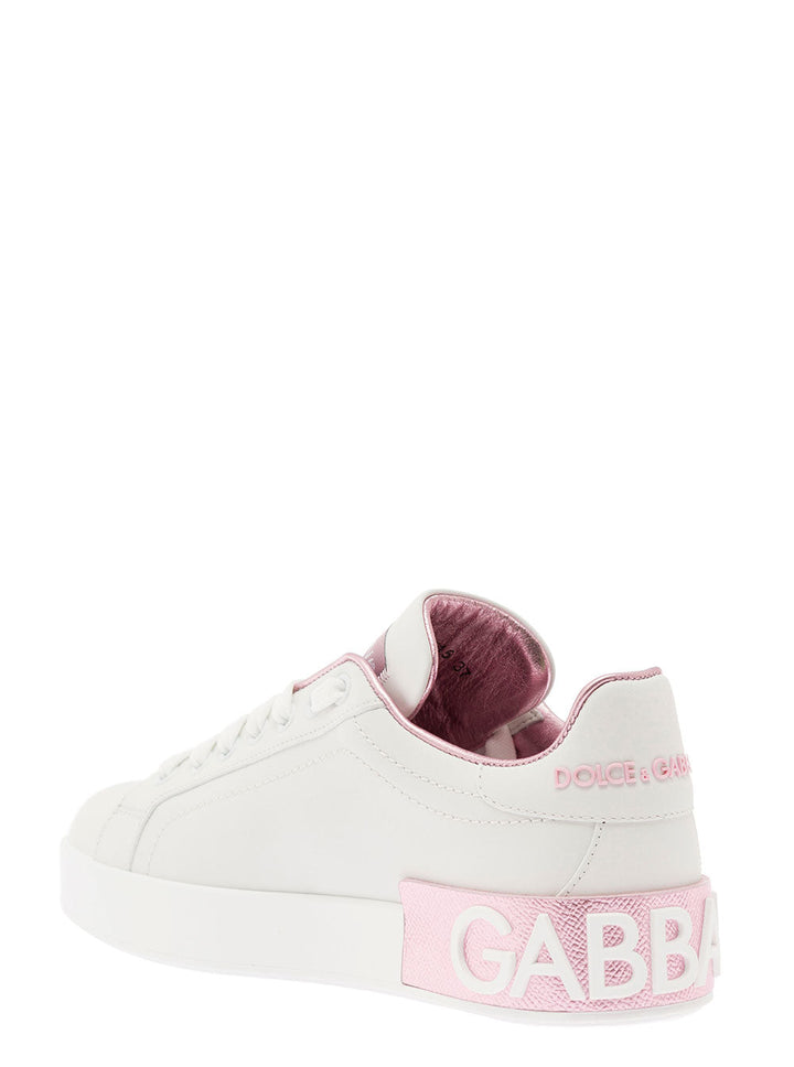 Dolce & Gabbana Women 'Portofino' White And Pink Low Top Sneakers With Logo In Leather Woman