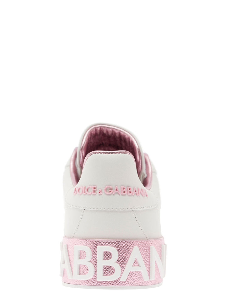 Dolce & Gabbana Women 'Portofino' White And Pink Low Top Sneakers With Logo In Leather Woman