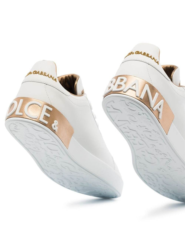 Dolce & Gabbana Women 'Portofino' White And Gold Low Top Sneakers With Logo In Leather Woman